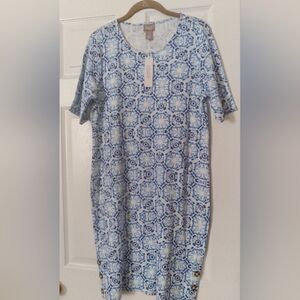 Chicos Blue TieDyed Cotton Beachy Relaxed Coastal Grandma Lagenlook TShirt Dress
